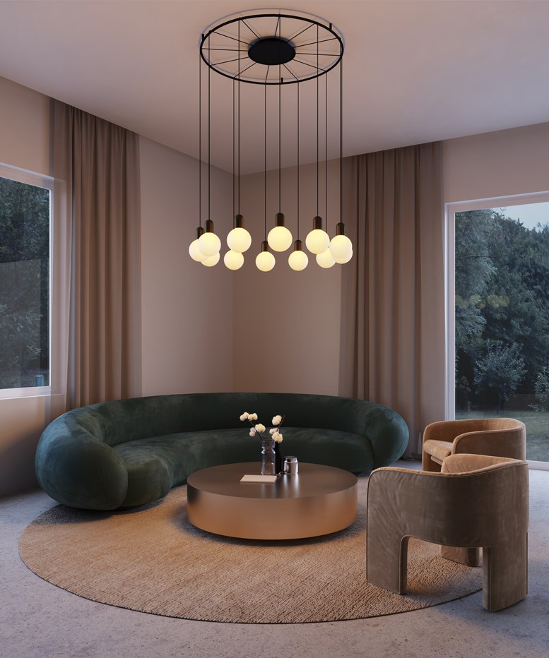 Modern architectural chandelier lighting in a living room